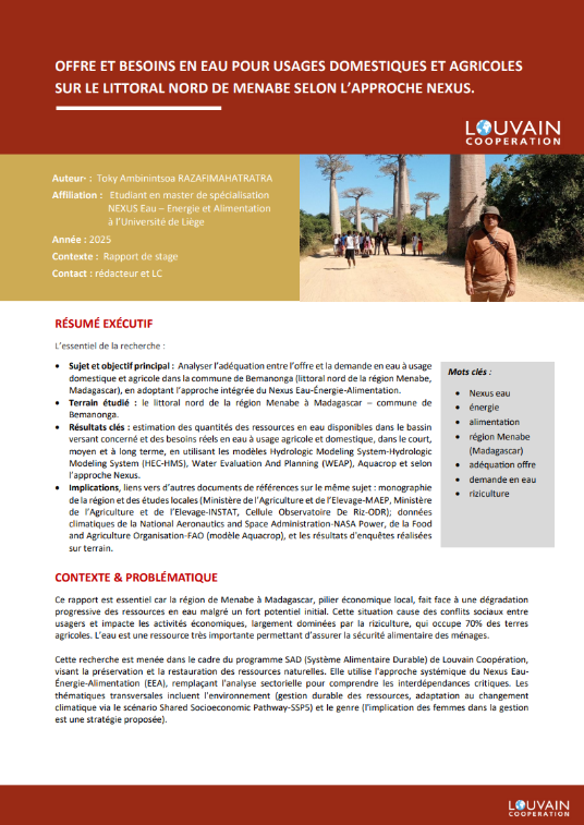 Research brief : Offre et besoins en eau pour usages domestiques et agricoles sur le littoral Nord de Menabe selon l'approche Nexus