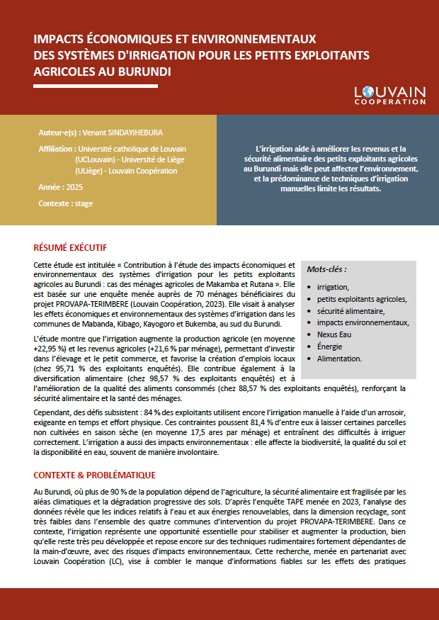 Impact économiques et environnementaux des systèmes d'irrigation pour les petits exploitants agricoles au Burundi